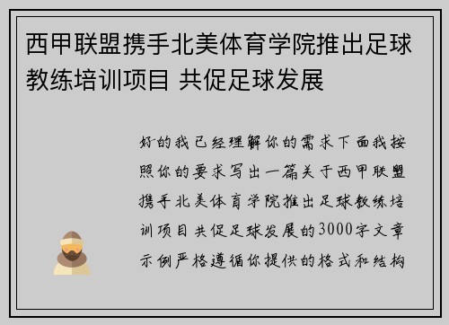 西甲联盟携手北美体育学院推出足球教练培训项目 共促足球发展 西甲联盟携手北美体育学院推出足球教练培训项目 共促足球发展