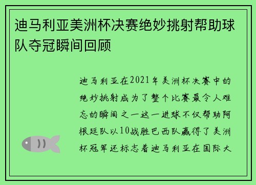 迪马利亚美洲杯决赛绝妙挑射帮助球队夺冠瞬间回顾