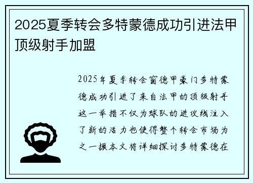 2025夏季转会多特蒙德成功引进法甲顶级射手加盟