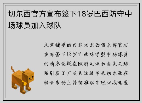 切尔西官方宣布签下18岁巴西防守中场球员加入球队