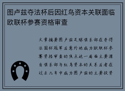 图卢兹夺法杯后因红鸟资本关联面临欧联杯参赛资格审查