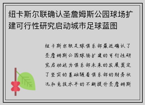 纽卡斯尔联确认圣詹姆斯公园球场扩建可行性研究启动城市足球蓝图