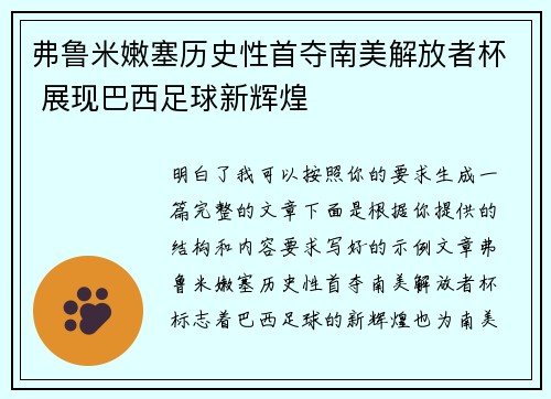 弗鲁米嫩塞历史性首夺南美解放者杯 展现巴西足球新辉煌
