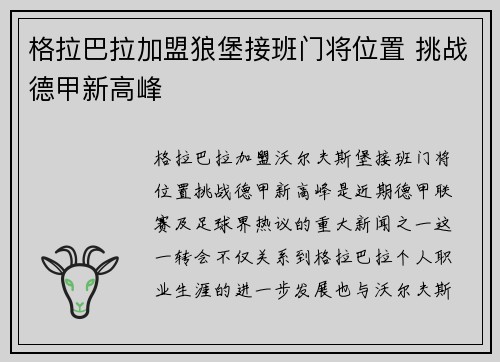 格拉巴拉加盟狼堡接班门将位置 挑战德甲新高峰